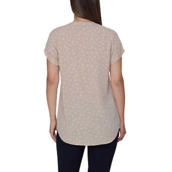 NWOT Rachel Roy Short Sleeve V-Neck Tunic Top | Tan with Dots - Picture 2 of 5